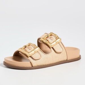 Schutz Enola Tan and Gold Rafia Sandals